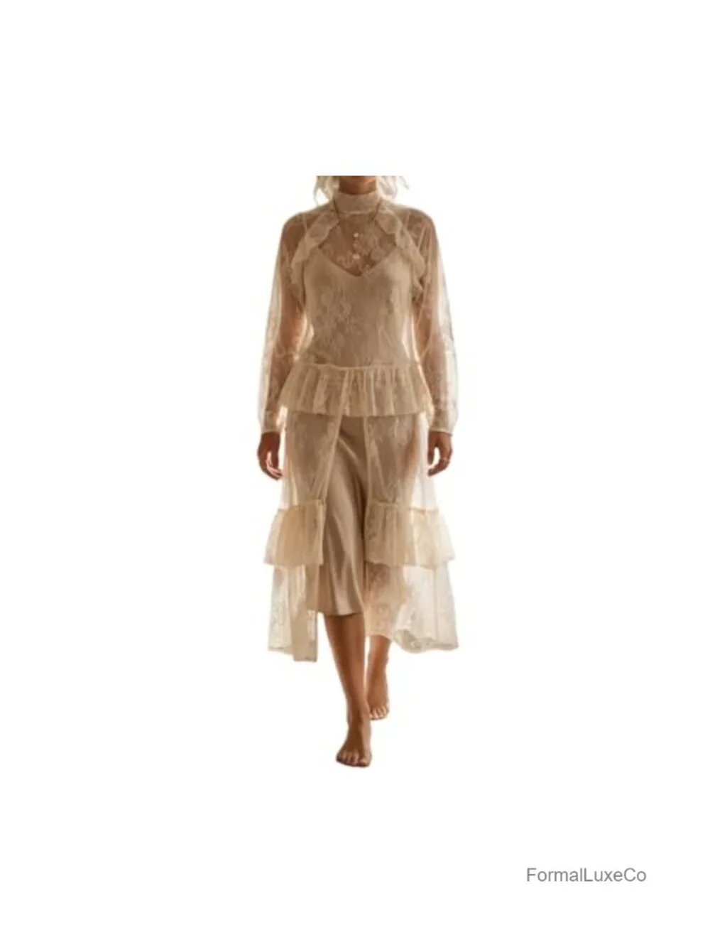 Sheer Lace Long Sleeve Duster Asymmetrical Coverup Flowy Maxi Top